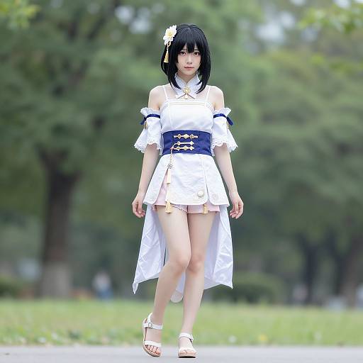 Photograph of an Asian woman in a white, off-shoulder, Japanese-inspired dress with blue accents, black bob haircut, flower hairpin,