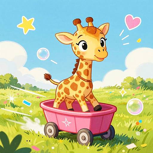 Playful Baby Giraffe Riding Wagon