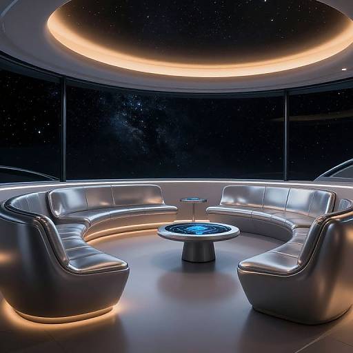 Photograph of a futuristic space lounge with silver, curved, illuminated leather seats surrounding a glowing blue central table, under a circular, lit ceiling, with