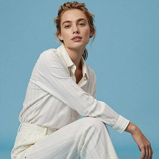 Young Woman in Pinstriped Outfit