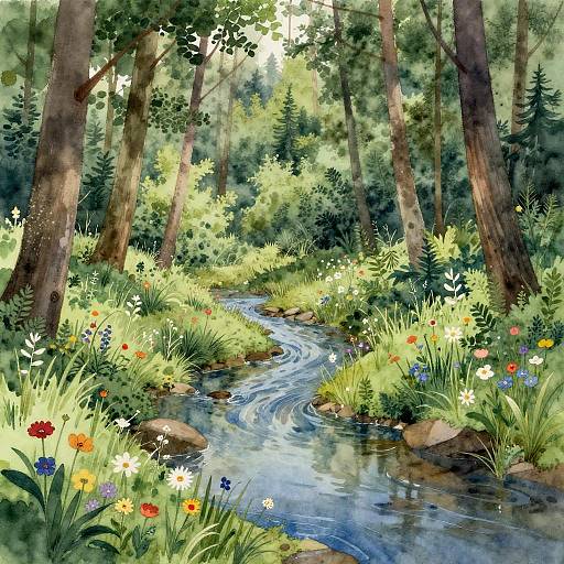 Serene Watercolor Forest Glade Scene