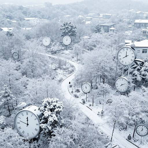 Photograph of a winter forest with large, white clock faces overlaying bare trees and a winding path, creating a surreal, time-related scene. Mon