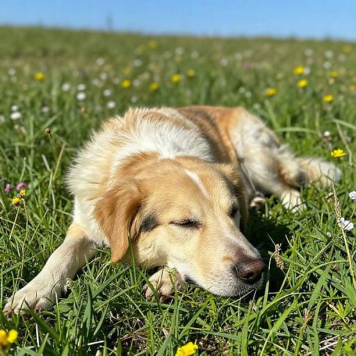 Photograph of a golden Labrador puppy with closed eyes, lying peacefully on a sunny grassy field dotted with yellow and white flowers. Bright blue sky in
