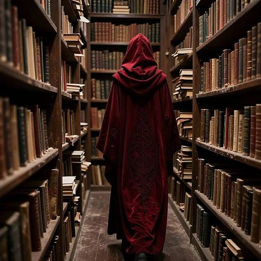 Photograph of a person in a red hooded cloak with intricate patterns, walking down a dimly lit, narrow library aisle lined with bookshelves