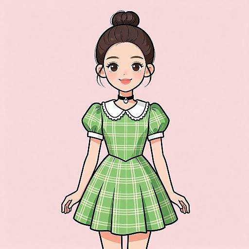 Smiling Woman in Doll-Like Green Dress