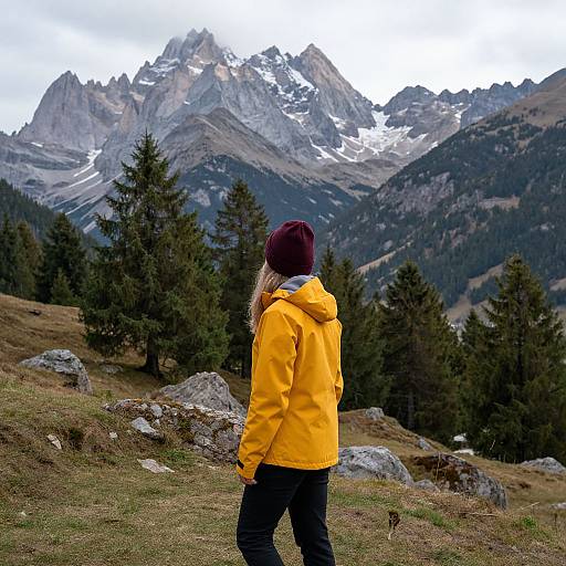 Woman in Yellow Jacket by Swiss Alps