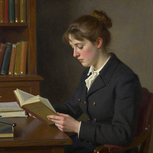 Photograph-style painting of a focused young woman with brown hair in a bun, wearing a black double-breasted coat, reading a book in a dim
