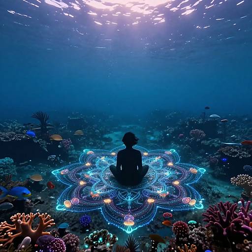 Underwater photograph of a silhouetted person meditating on a glowing blue mandala, surrounded by colorful coral and marine life, illuminated by sunlight