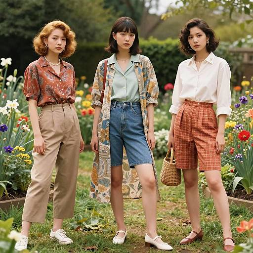 Photograph of three women standing in a vibrant garden; one in red blouse and beige pants, one in patterned cardigan and denim shorts, one