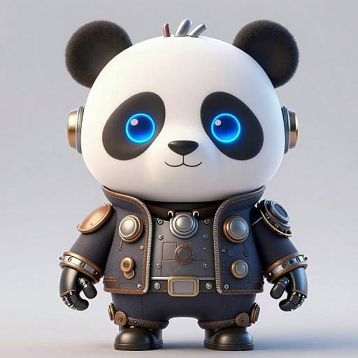 Cute, CGI panda character with glowing blue eyes, wearing a black, steampunk-style jacket with brass buttons and gears, standing against a light