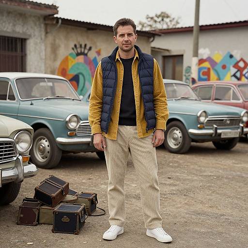 Photograph of a bearded man in a yellow corduroy jacket, navy vest, black shirt, beige pants, and white sneakers, standing in