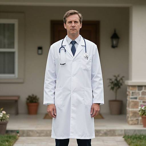 Photograph of a middle-aged white male doctor with short brown hair, wearing a white lab coat, blue tie, and stethoscope, standing in
