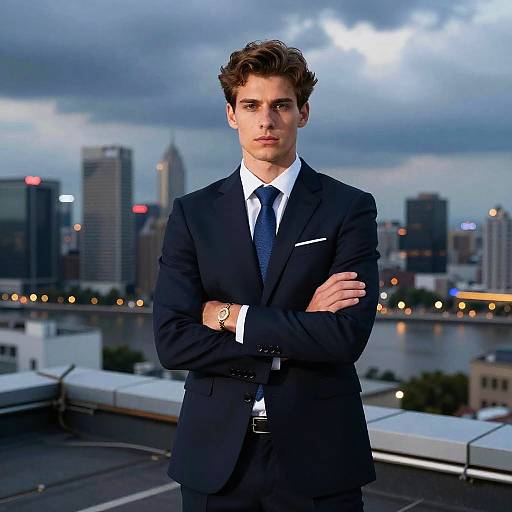 Photograph of a handsome young man with curly brown hair, wearing a black suit, white shirt, and blue tie, standing with arms crossed, against