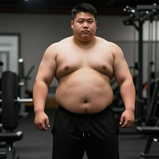 Photograph of a heavyset, shirtless Asian man with short black hair, wearing black pants, standing in a dimly lit gym.
