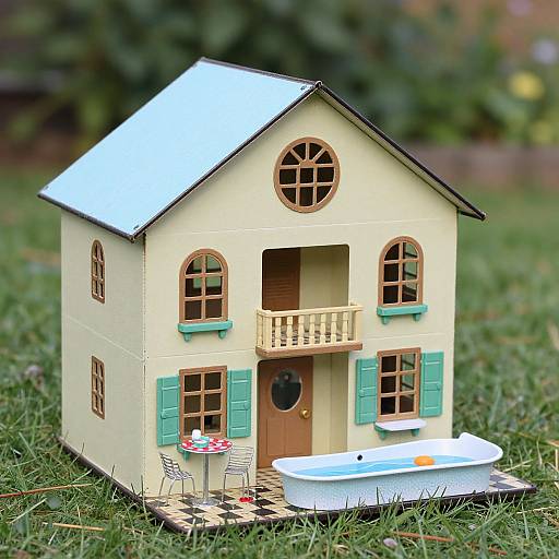 Photograph of a small, yellow, two-story dollhouse with teal shutters, a round window, balcony, and a white bathtub outside on grass