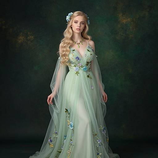 Photograph of a blonde woman with wavy hair, wearing a light green, floral-embellished, V-neck gown with sheer sleeves, against