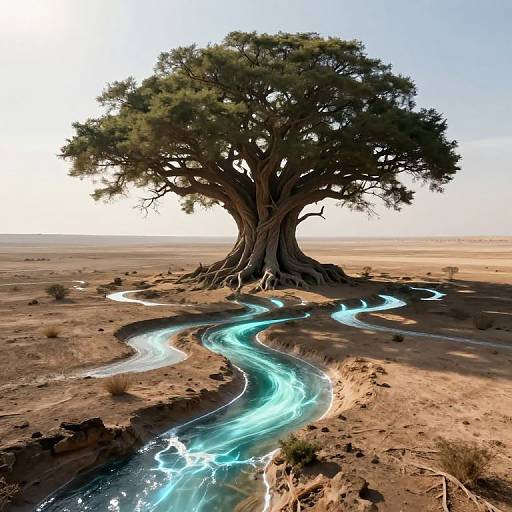 Photorealistic digital artwork of a massive, ancient tree with twisted trunk, surrounded by a glowing, ethereal blue river in a vast, arid