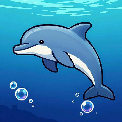 Digital drawing of a cheerful blue and white dolphin swimming underwater, surrounded by bubbles, with a gradient blue background.