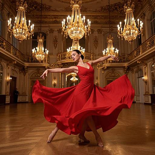 Photograph of a graceful ballerina in a flowing red dress, dancing in an opulent, chandelier-lit ballroom with ornate details