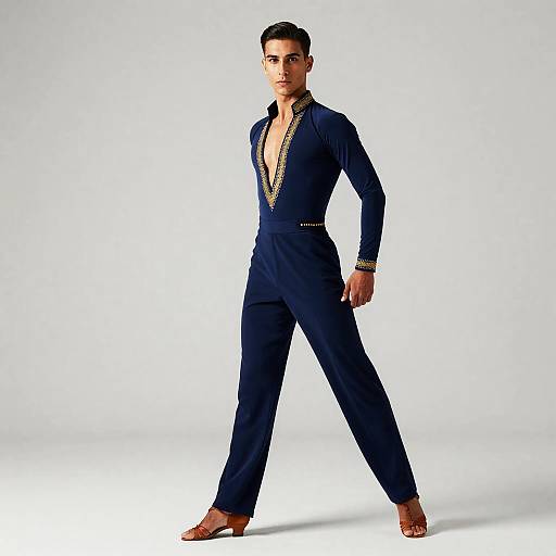 Male Latin Dance Costume Blue Gold