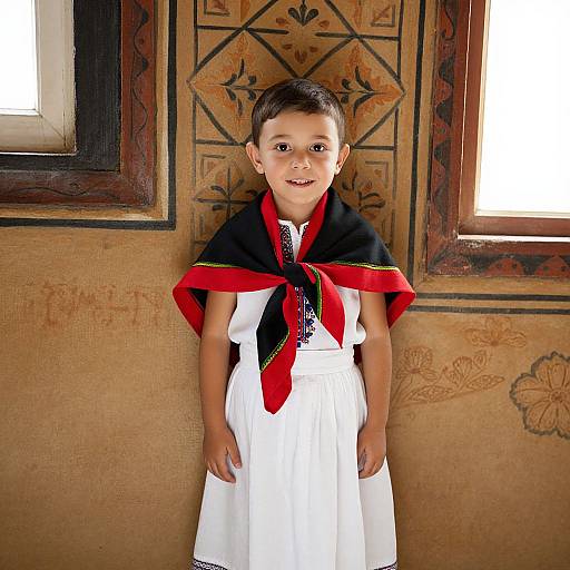 Young boy with short brown hair, wearing a black and red cape over a white dress, standing in front of a decorative, patterned wooden wall with