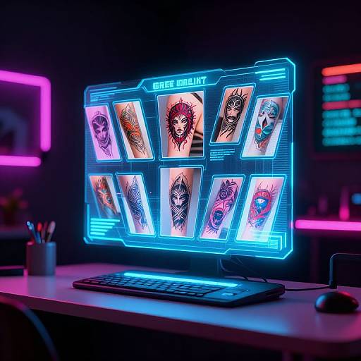Neon-lit computer screen displaying eight vibrant, illuminated digital portraits of stylized, tattooed characters on a dark desk. Glowing pink and blue
