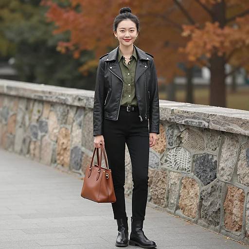 Asian Woman in Leather Jacket Standing Outdoors