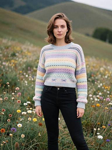 Photograph of a young woman with wavy brown hair, wearing a multicolored knit sweater and black pants, standing in a vibrant, wildflower