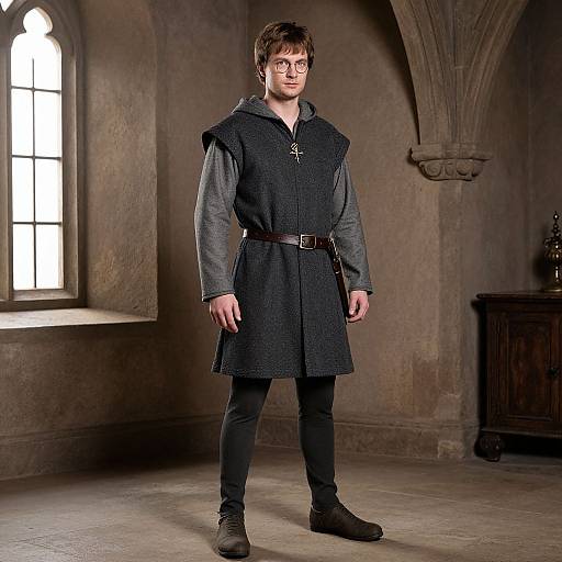 Photograph of a young man with glasses, wearing a medieval-style black tunic, gray shirt, black pants, and brown boots, standing in a