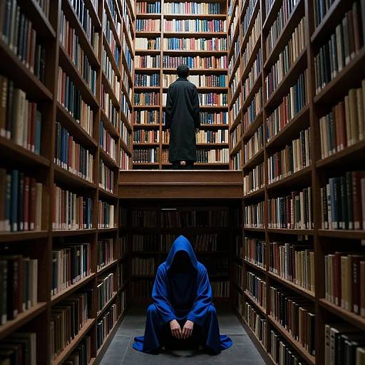 Photograph of two figures in a dimly lit library: one stands on a higher shelf, cloaked in black; another sits below, hooded