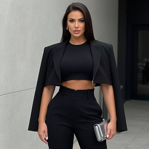 Photograph of a stylish woman with long dark hair, wearing a black crop top and high-waisted pants, holding a silver clutch. She stands