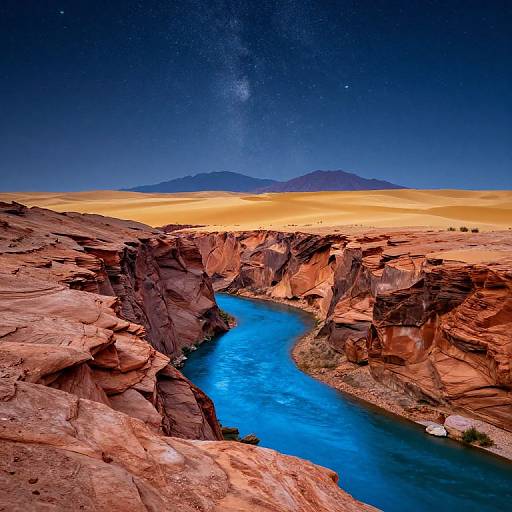 Photograph of a vivid desert landscape with a winding, bright blue river cutting through red rock cliffs under a starry, Milky Way-filled sky.