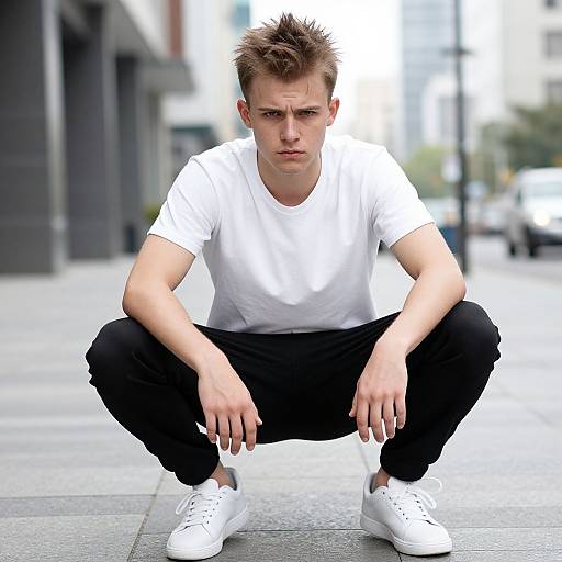 Photograph of a young, white man with spiked brown hair, wearing a white t-shirt, black pants, and white sneakers, squatting on a
