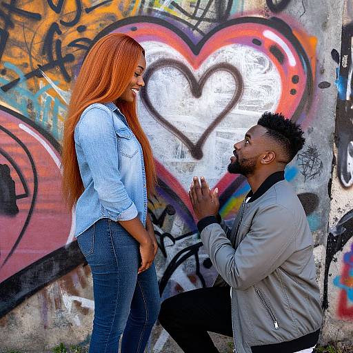 Photograph of a black man kneeling before a black woman with long red hair, wearing a blue shirt and jeans, in front of vibrant graffiti with a