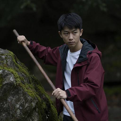 Determined Young Man in Dark Forest