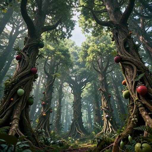Enchanted forest photograph: Tall, twisted trees with gnarled trunks bearing red and green fruits, illuminated by soft, dappled sunlight
