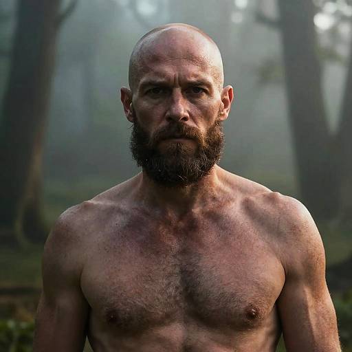 Photograph of a muscular, bald, bearded man with a serious expression, standing shirtless in a misty forest, with tall trees in the