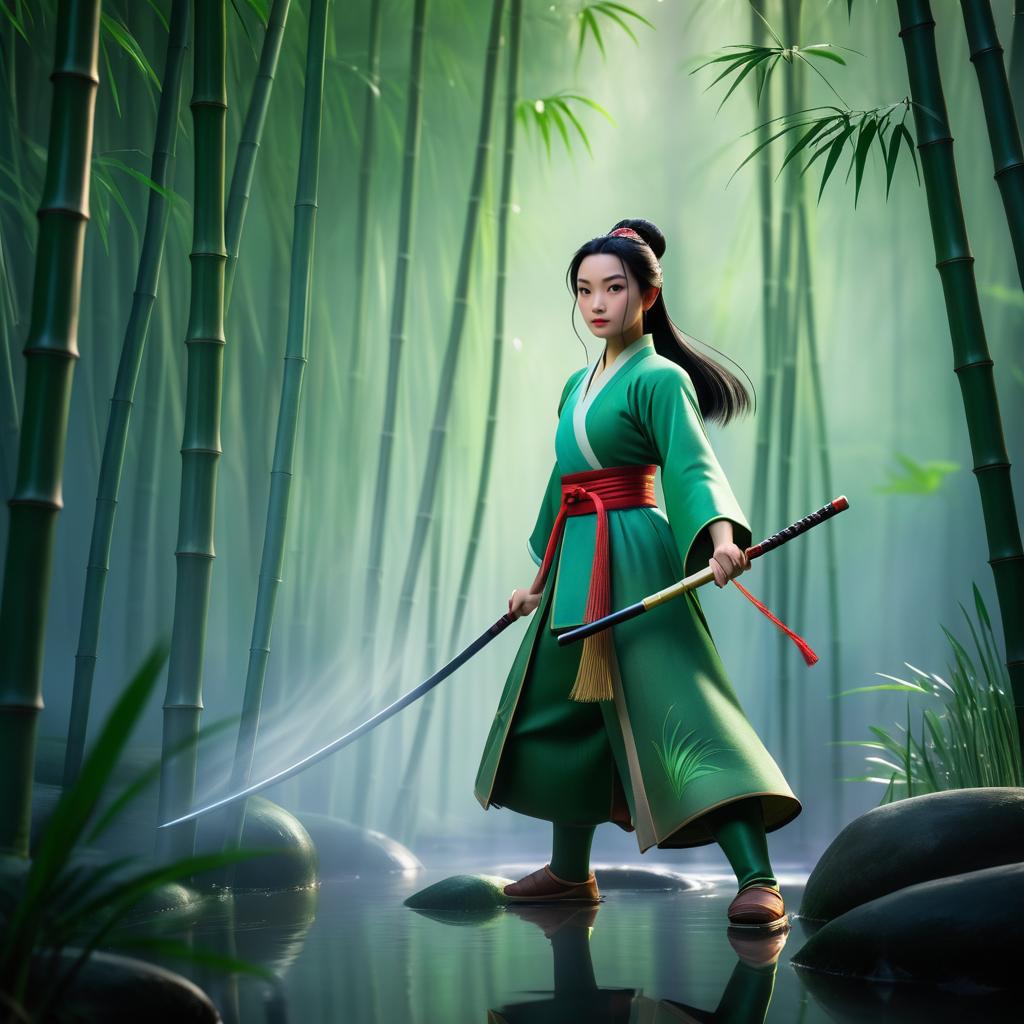 Mulan Practicing Martial Arts in Nature