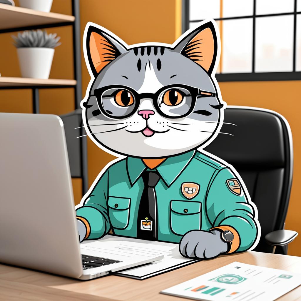 Confident Cartoon Cat at Desk