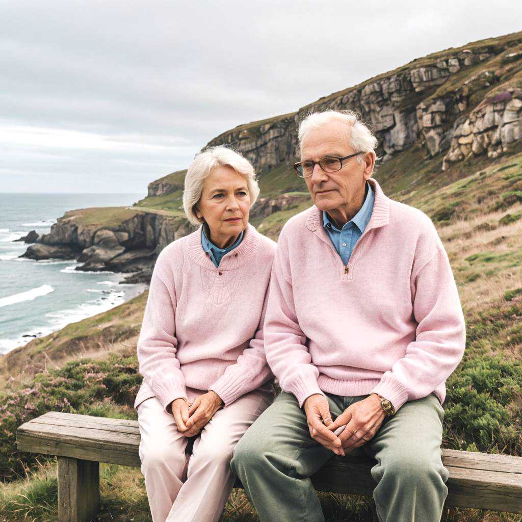 Retired Couple at Coastal Cliff in Pastels