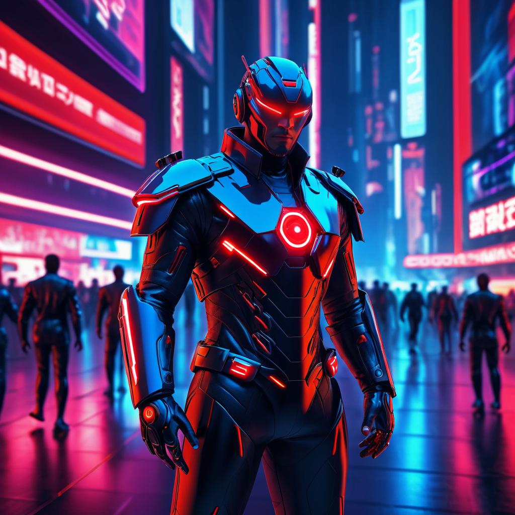 Futuristic Cyborg in Neon Cityscape