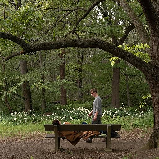 Man Walking Past Bench in Forest