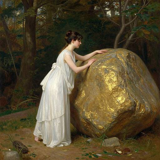 Photorealistic painting of a fair-skinned woman with dark hair in a white, flowing Greek-style dress, touching a large, golden-tinged