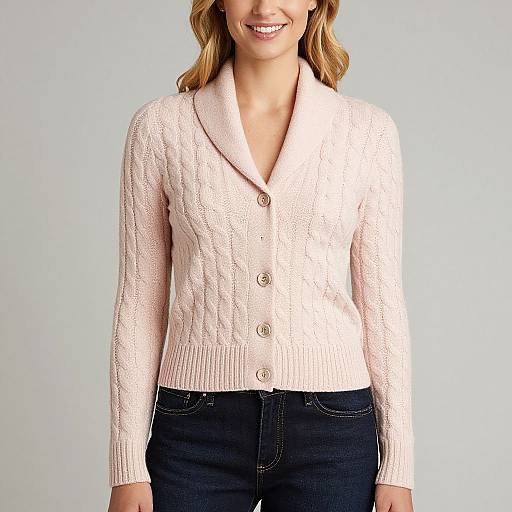 Photograph of a smiling woman in a light pink, knitted cardigan with buttons and dark blue jeans against a plain white background.