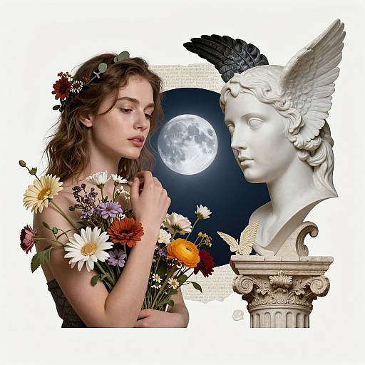 Photograph of a young woman with wavy brown hair, wearing a flower crown, holding colorful flowers, next to a white marble winged bust,