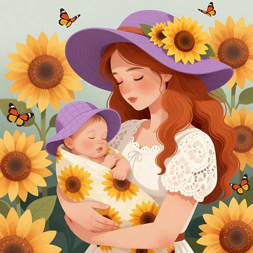 Serene Mother and Baby Among Flowers