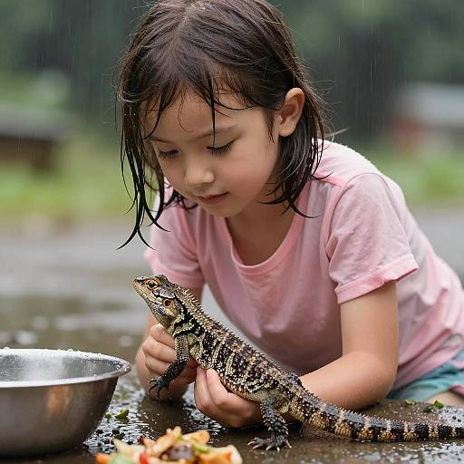 Young Girl with Lizard in Rain
