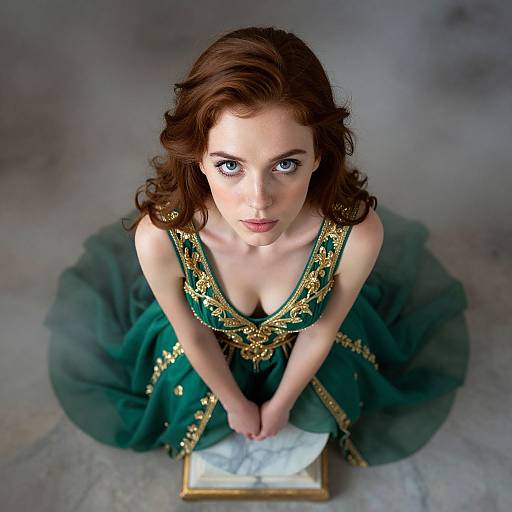 Photorealistic digital art of a fair-skinned woman with curly brown hair, wearing a green, gold-embellished dress, kneeling on a