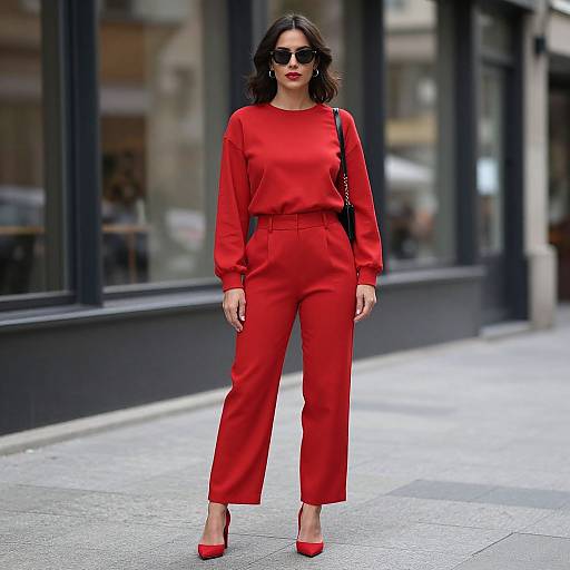 Photograph of a woman in a bright red long-sleeve top and high-waisted red pants, red heels, black sunglasses, walking on