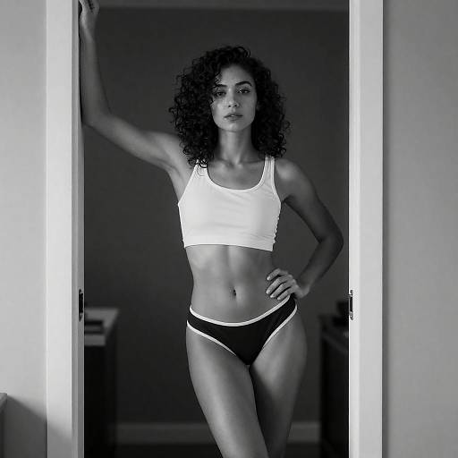 Elegant Curly-Haired Woman in Doorway